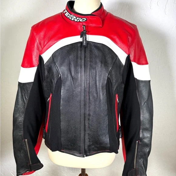 Women’Red & Black Teknic Leather Motorcycle Jacket with Removable Quilted Liner. - Picture 2 of 16